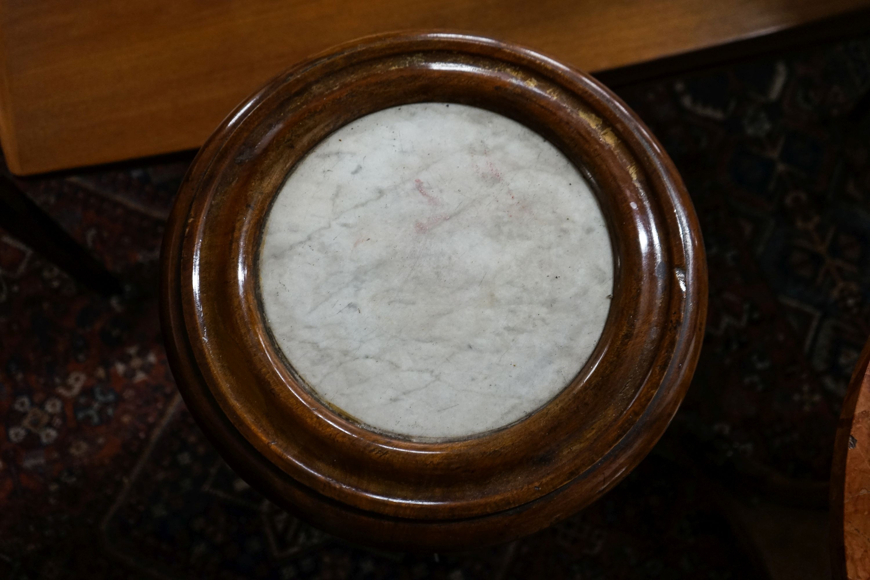 A Victorian mahogany marble top cylindrical bedside cupboard, diameter 38cm, height 73cm